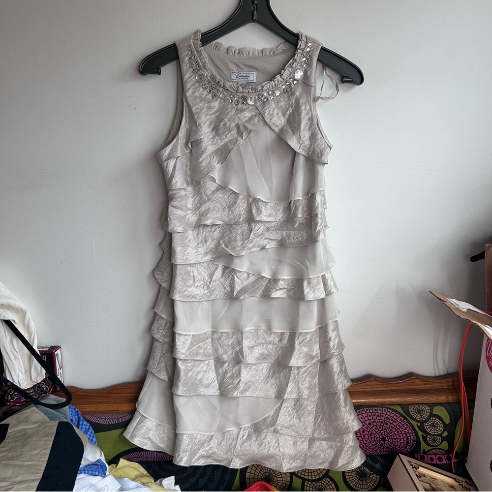 dressbarn Collection Ruffle Neck Cocktail Dress in Light Champagne